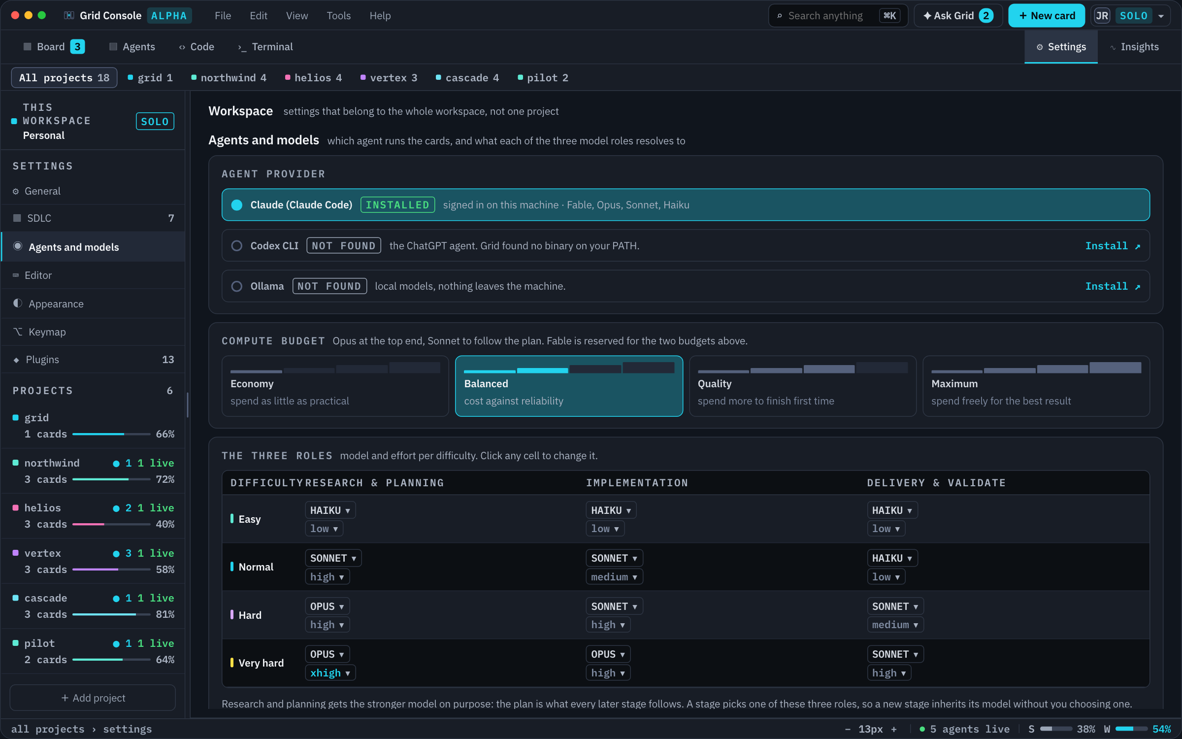 Interactive demo: workspace compute settings and the model choices for different roles and task difficulties. The model names shown are sample configuration.