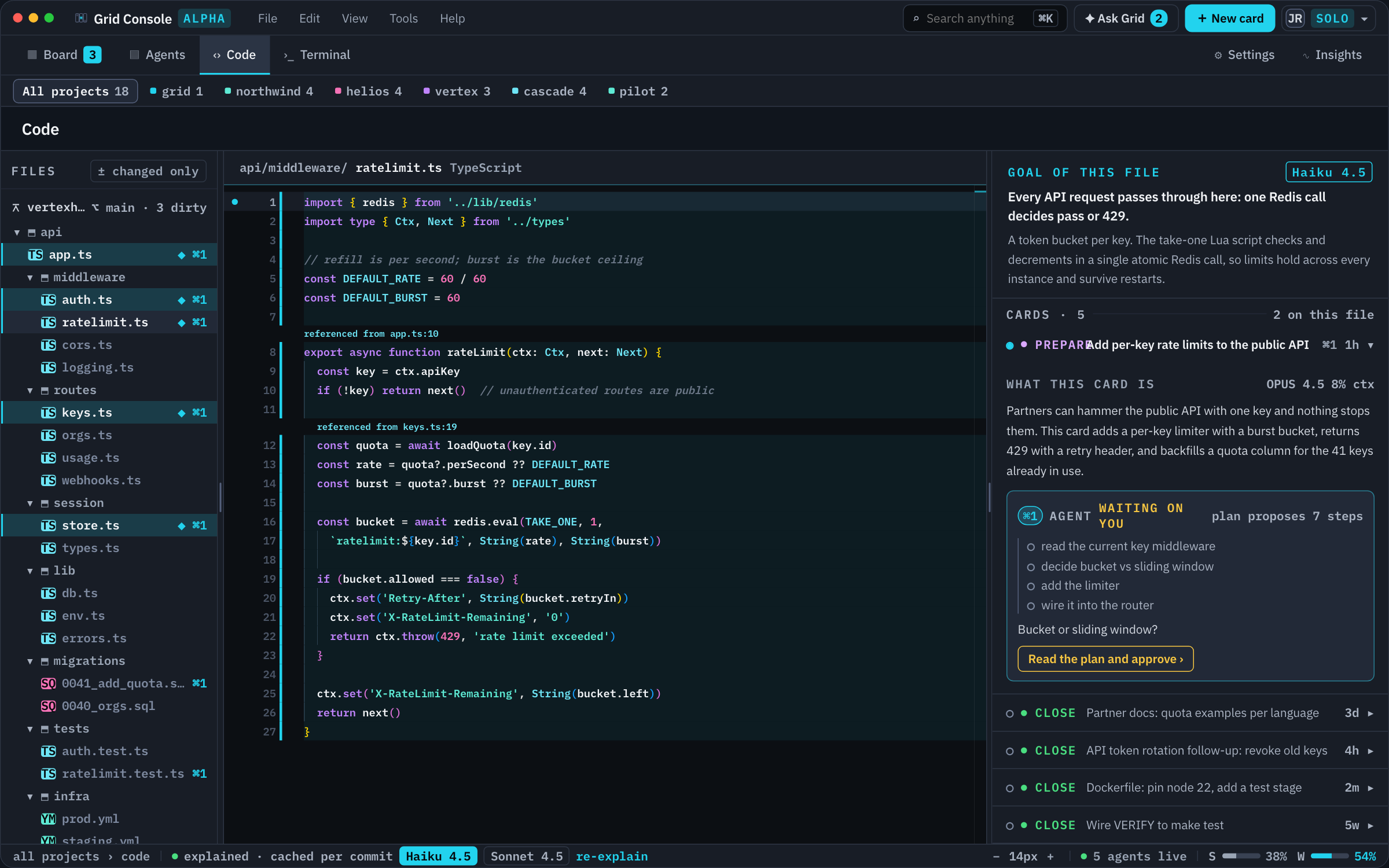 Interactive demo: the code editor alongside the file explanation and related cards.