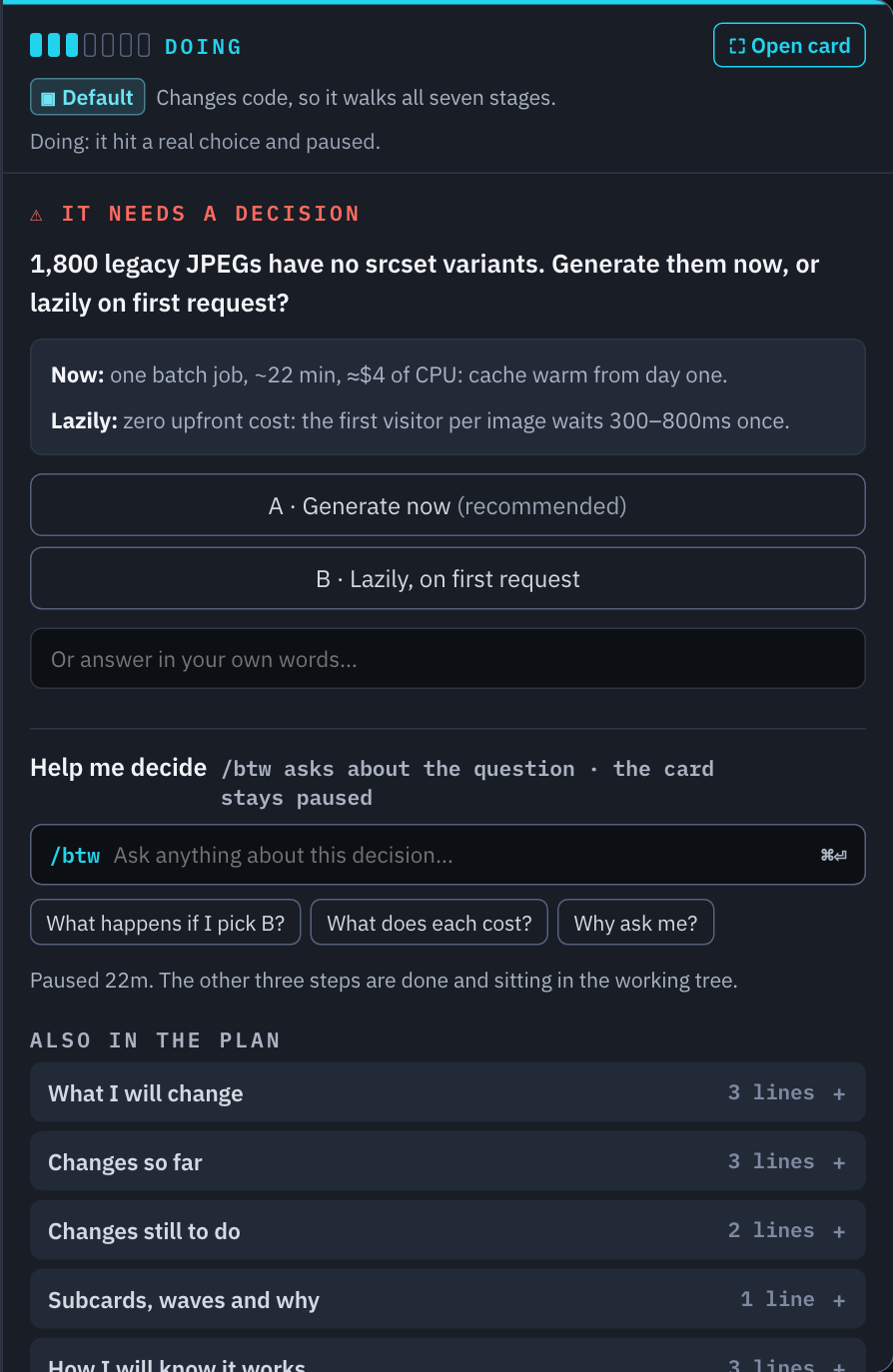 Interactive demo, right-panel close-up: a question about image generation, with the tradeoffs and answer controls together.