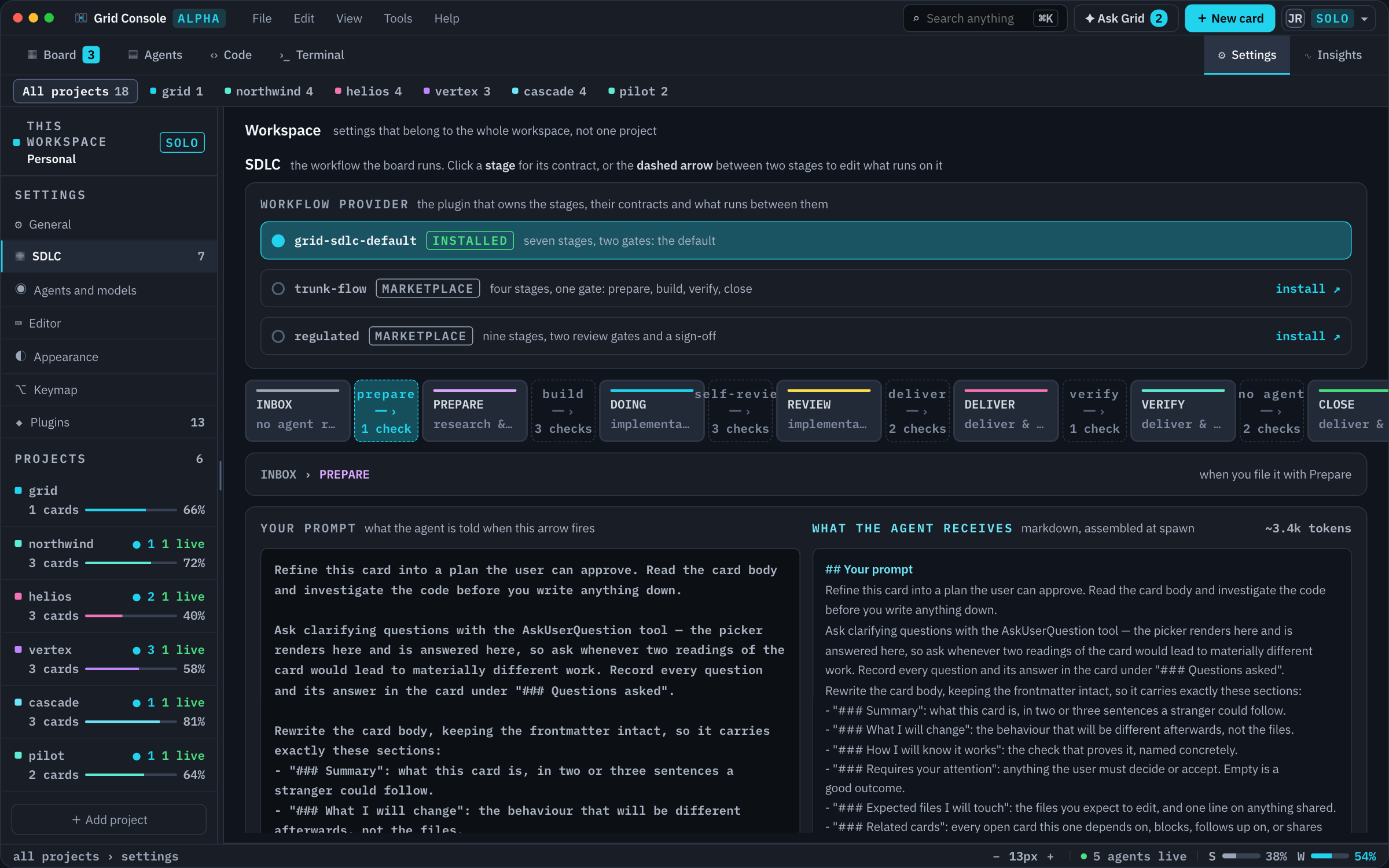 Interactive demo: the workflow stages, editable Prepare prompt and the context included when an agent starts.