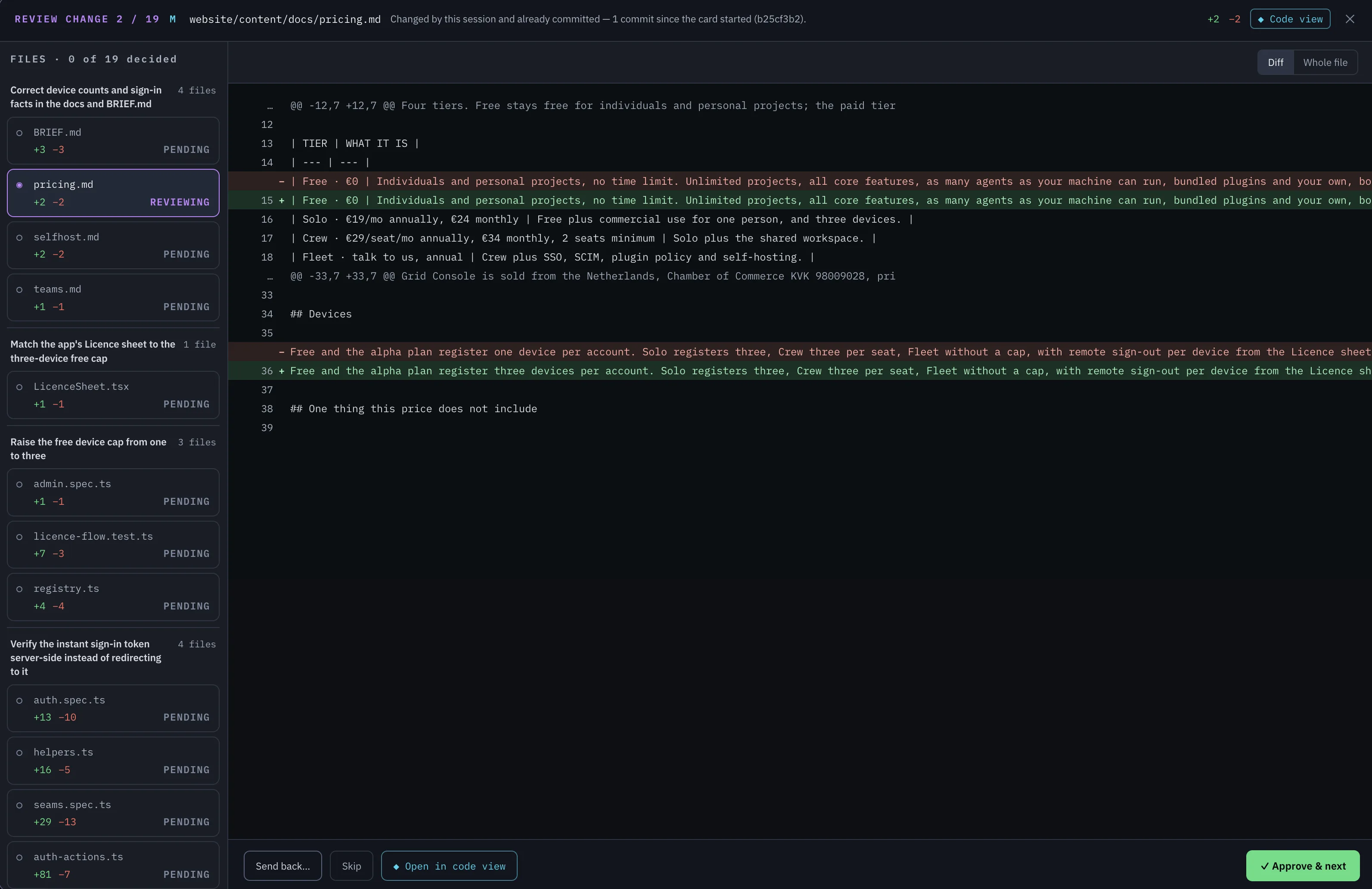 Reviewing an individual change. The larger workflow can stay at Masterplan level while I can still drill into a specific diff.