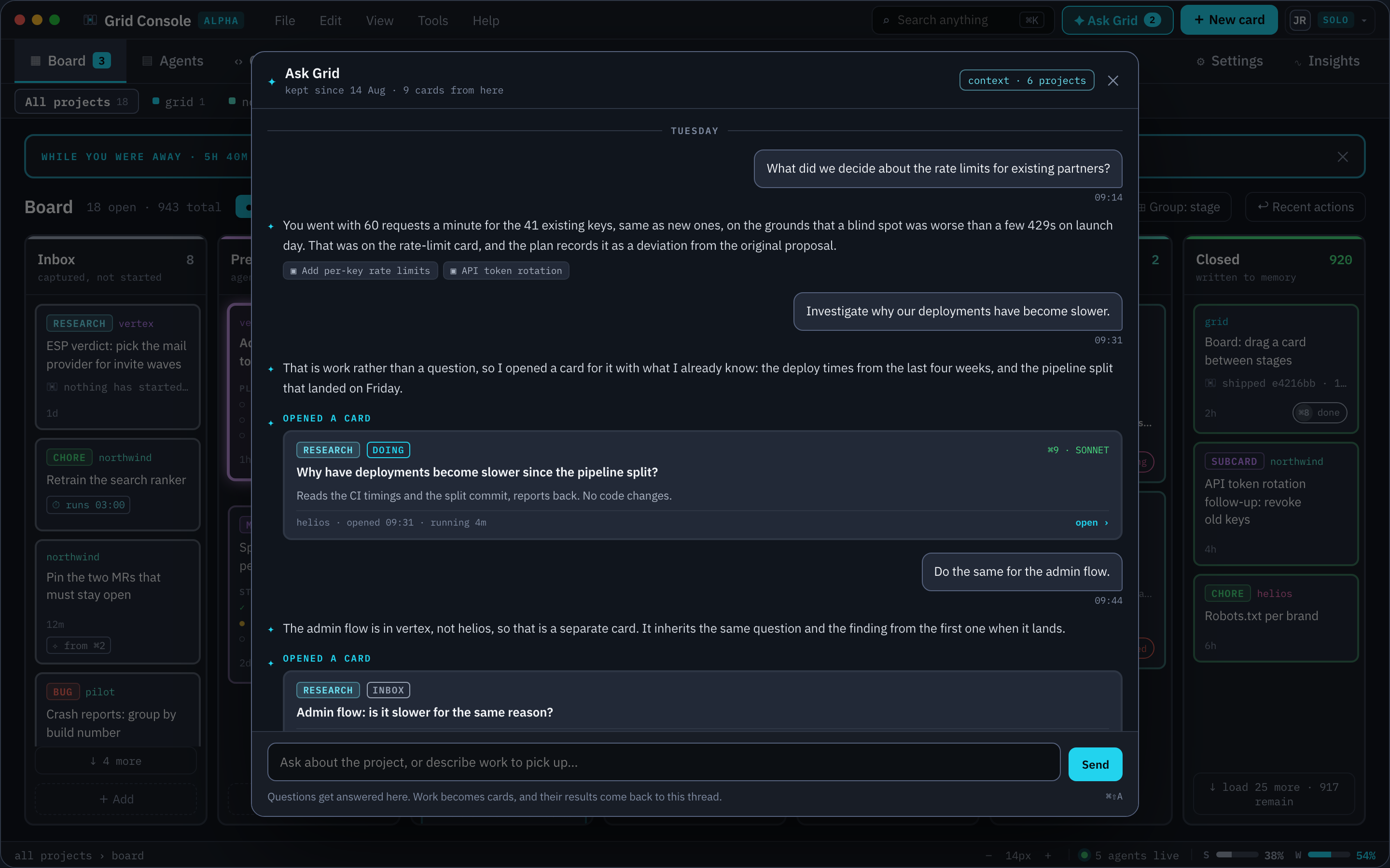 Ask Grid: an answer with its citations, and a piece of work turned into a card